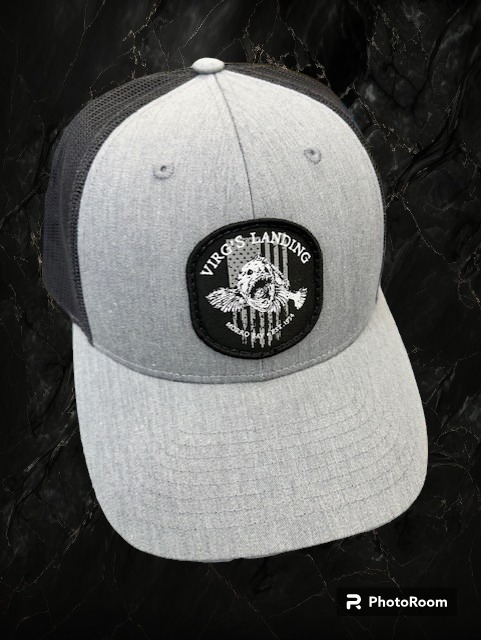 gray and black patch hat